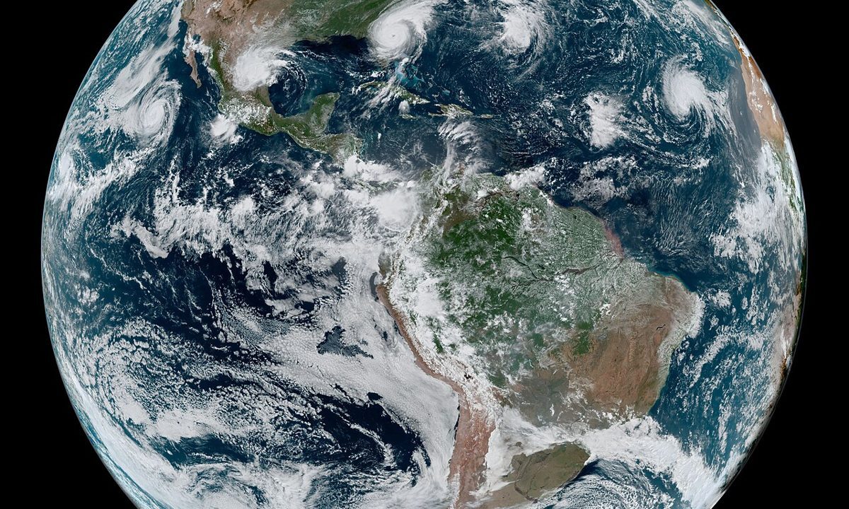 Satellite view of a tropical storm over the ocean