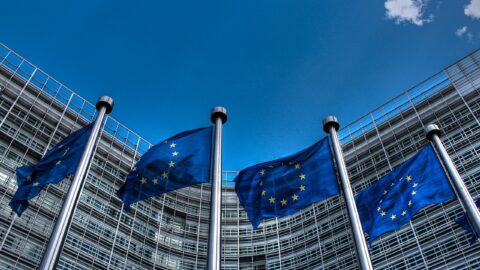 European Union flags in front of the Berlaymont Building