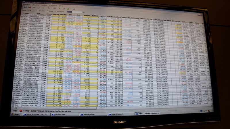 A trading screen showing stock market data at an exchange