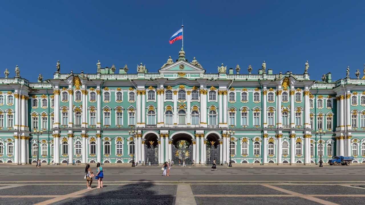Winter Palace and Hermitage museum panorama in Saint Petersburg Russia