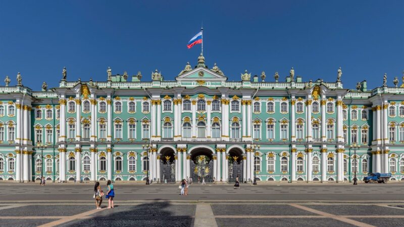 Winter Palace and Hermitage museum panorama in Saint Petersburg Russia